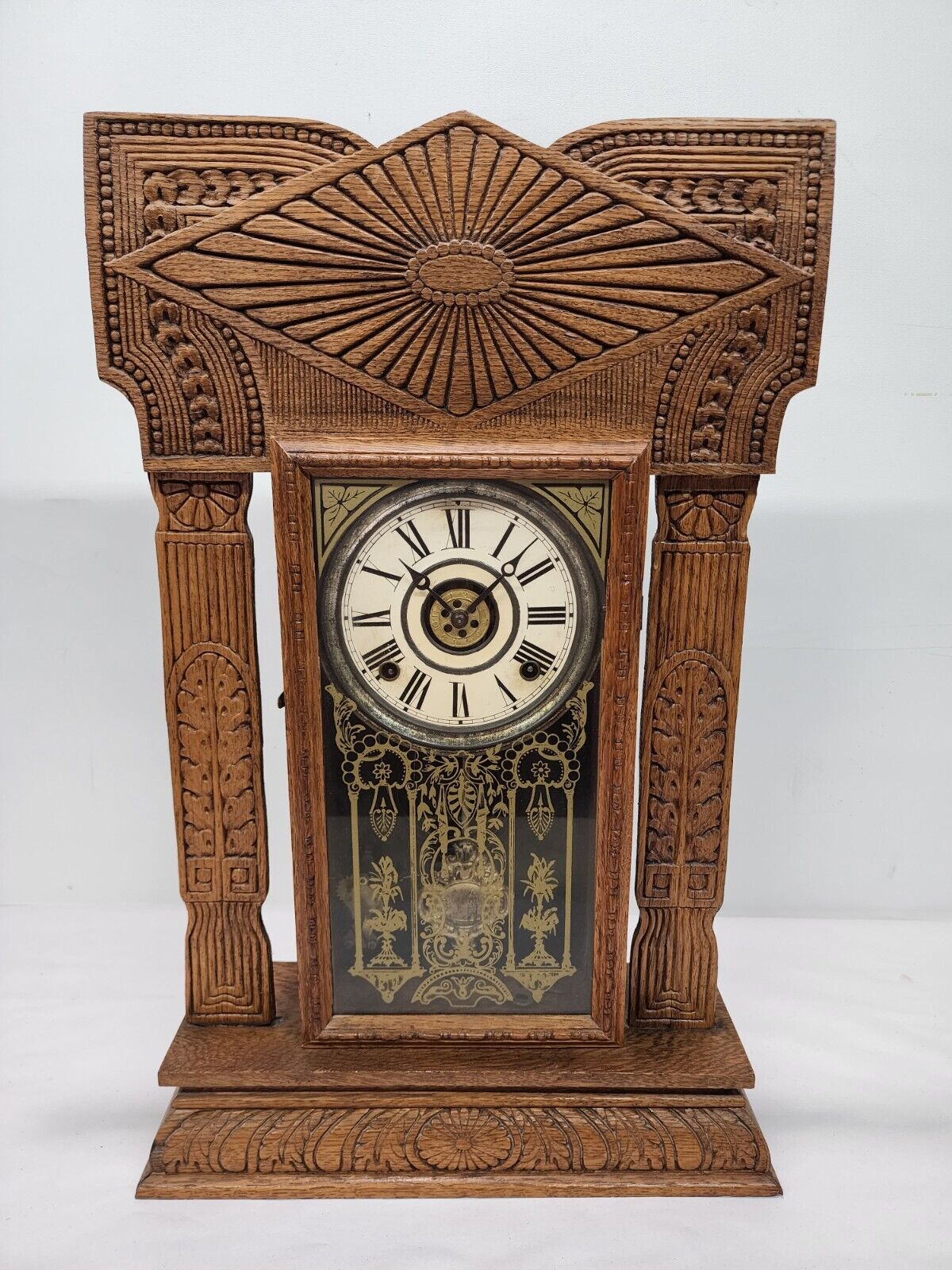 ANTIQUE INGRAHAM MANTEL CLOCK MADE IN USA STRIKE BELL CLOCK OAK WOOD