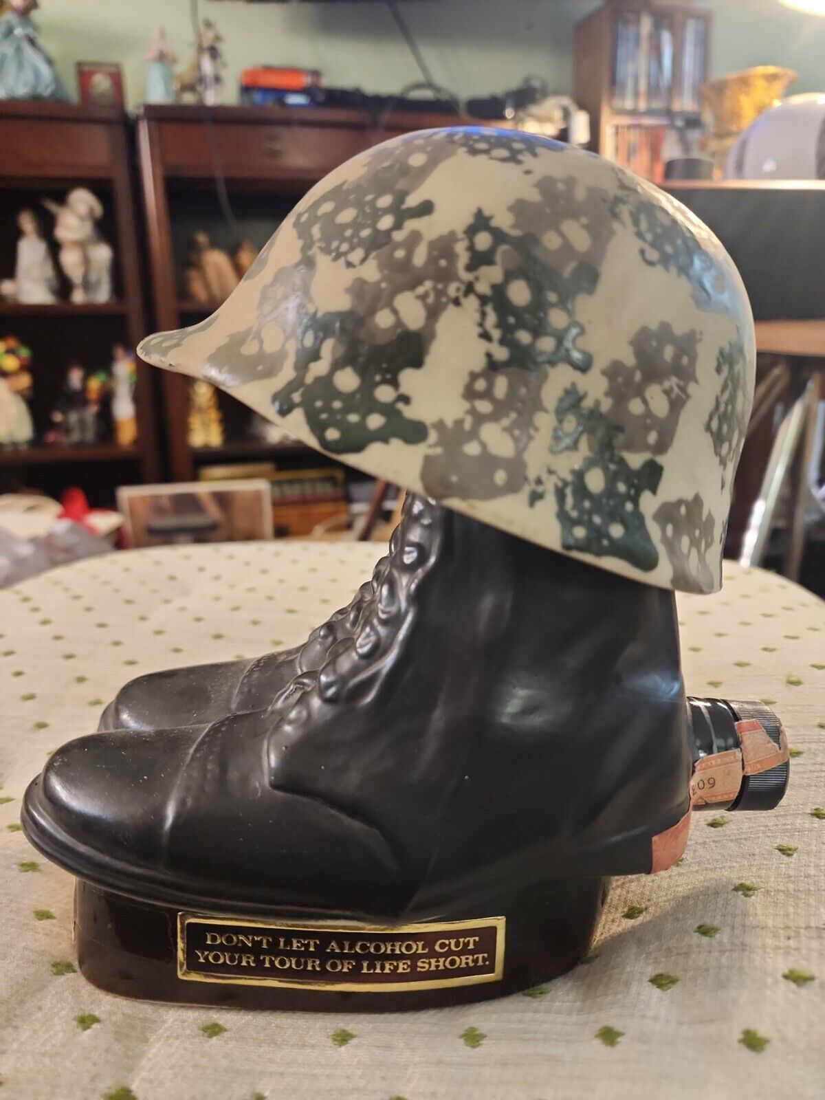 Vintage 1975 JIM BEAM Whiskey Black Army Boots Camo Helmet DECANTER
