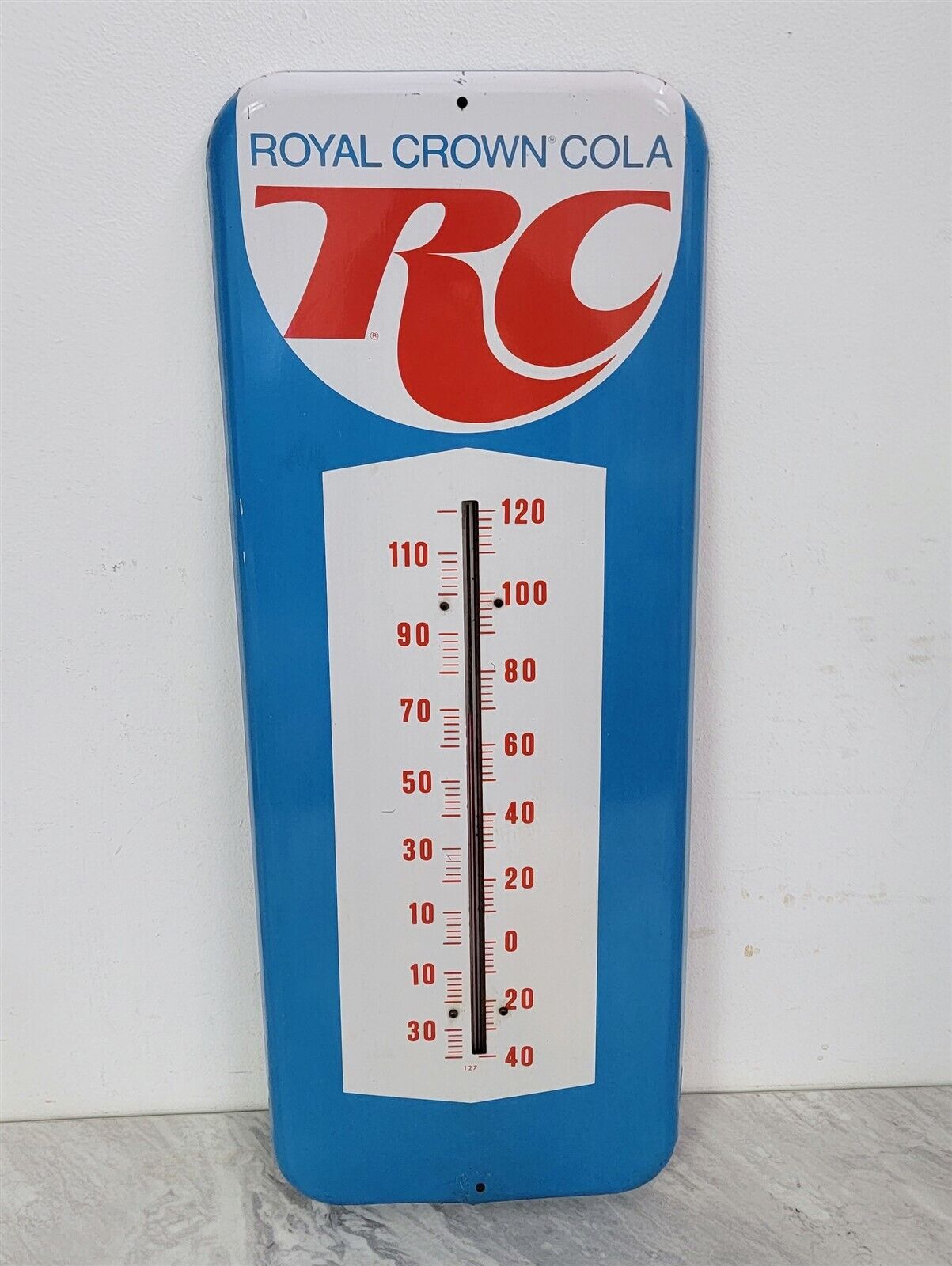 B288 STUNNING VINTAGE RC ROYAL CROWN COLA METAL THERMOMETER WALL SIGN