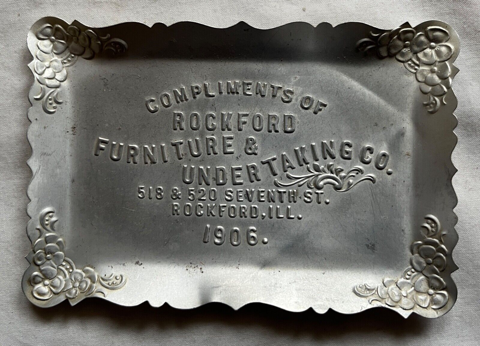 VINTAGE TRINKET PLATE TIN TRAY ROCKFORD IL FURNITURE UNDERTAKING