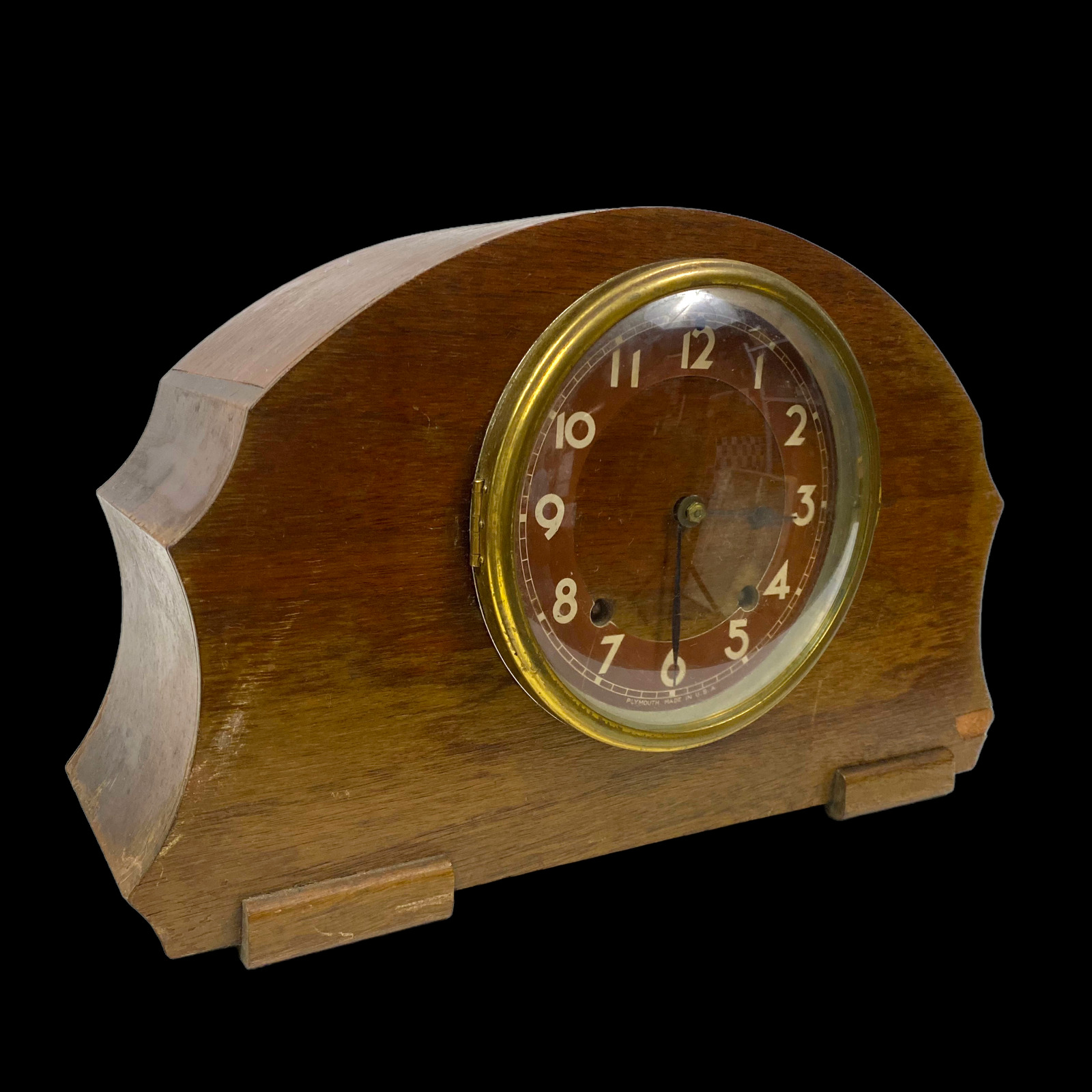 ANTIQUE ART DECO PLYMOUTH 8 DAY PENDULUM MANTEL CLOCK WOOD BRASS w/key