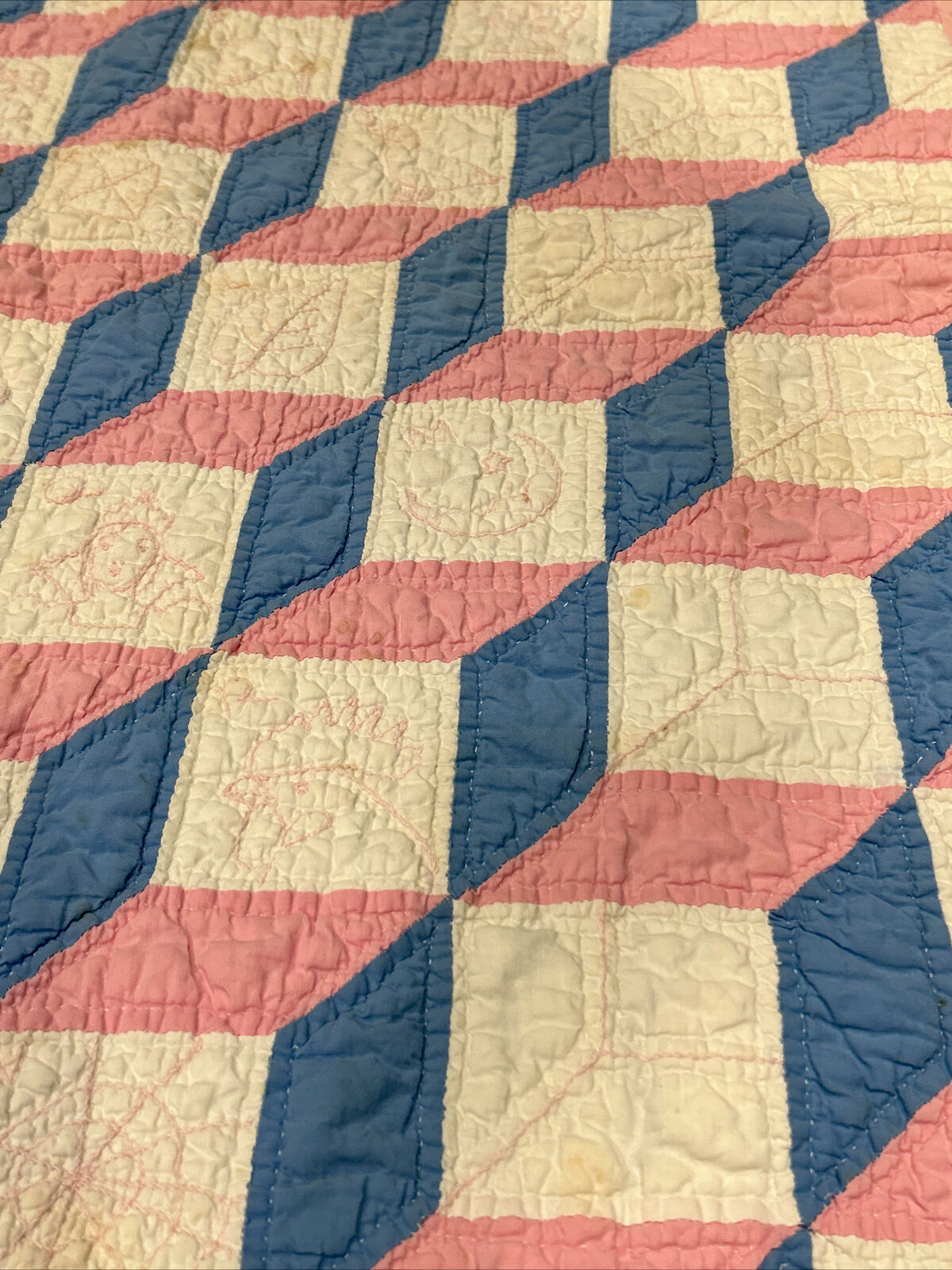 Handmade vintage baby crib quilt pink blue white tumbling blocks 43