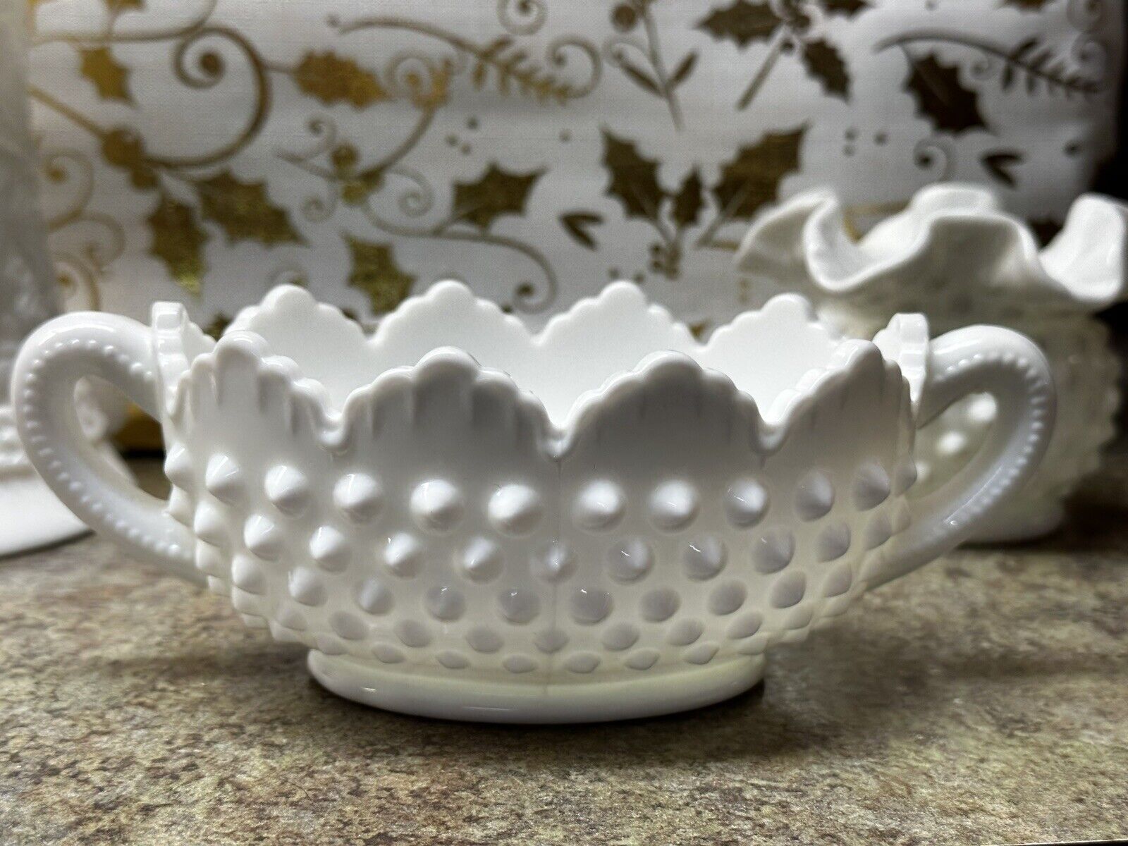 FENTON HOBNAIL WHITE MILK GLASS OVAL NUT DISH CANDY DISH SCALLOPED TOP EDGES Antique Price