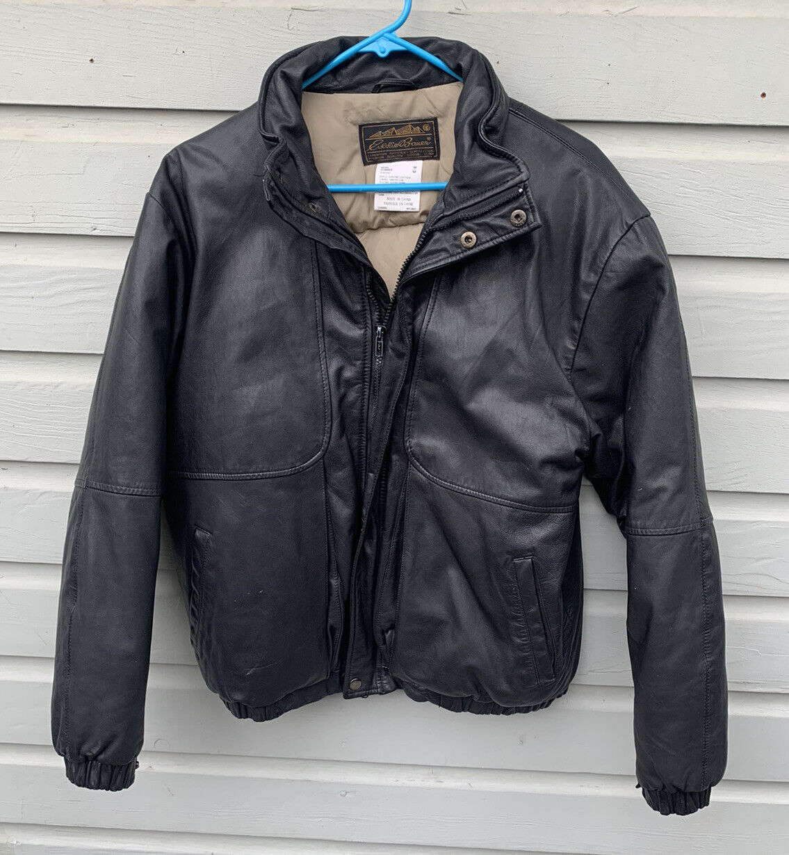 Vintage 1980s EDDIE BAUER Black Leather Goose Down Bomber Harrington