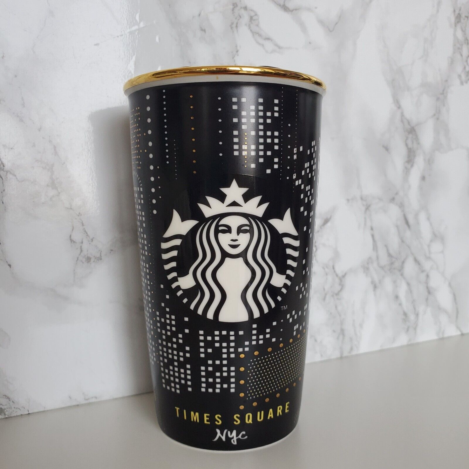 STARBUCKS New York City TIMES SQUARE 2015 Ceramic Tumbler Blk/Gold 12